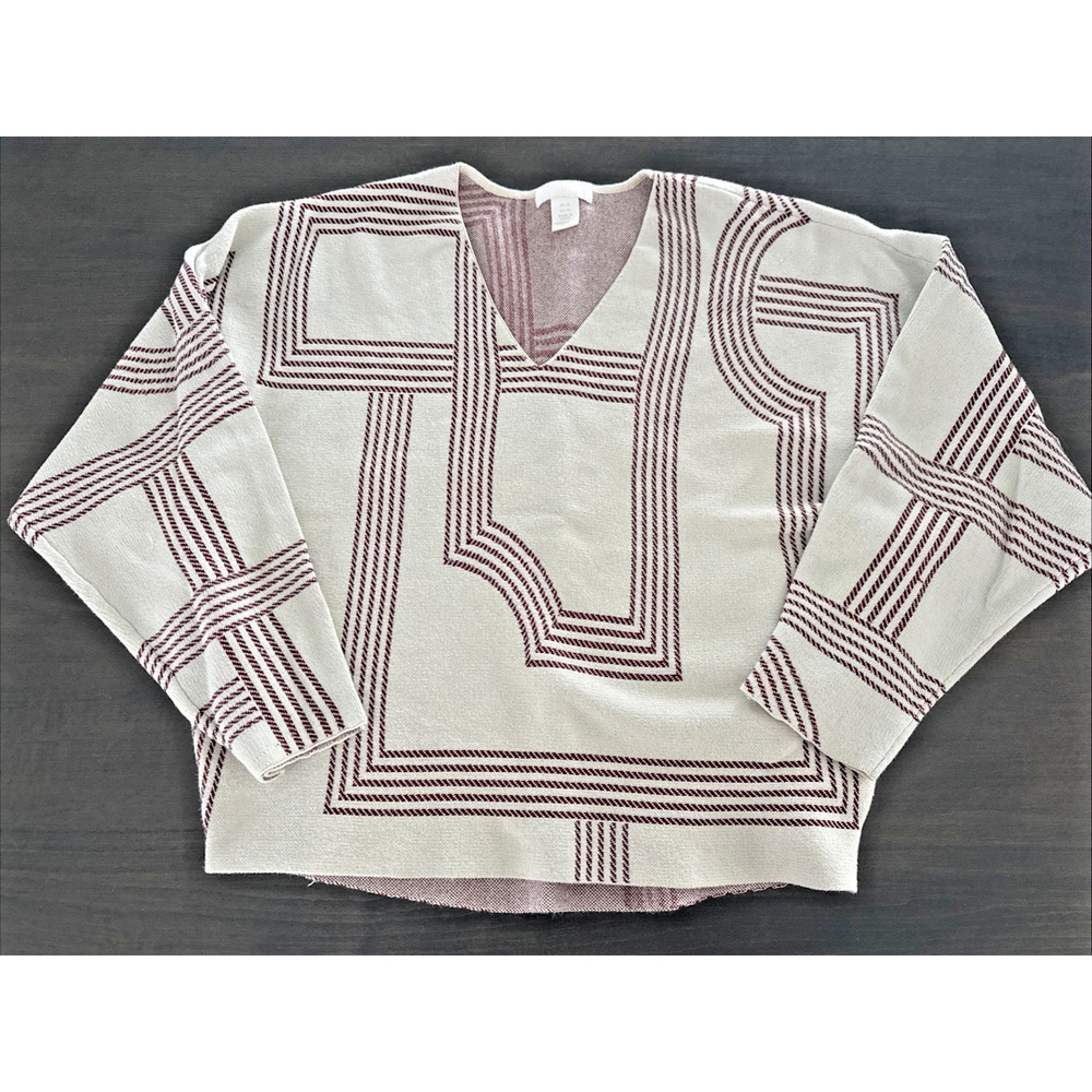 H & M V Neck Light Shirt/Top Pull Over Cream/Maroon Comfort Casual XS